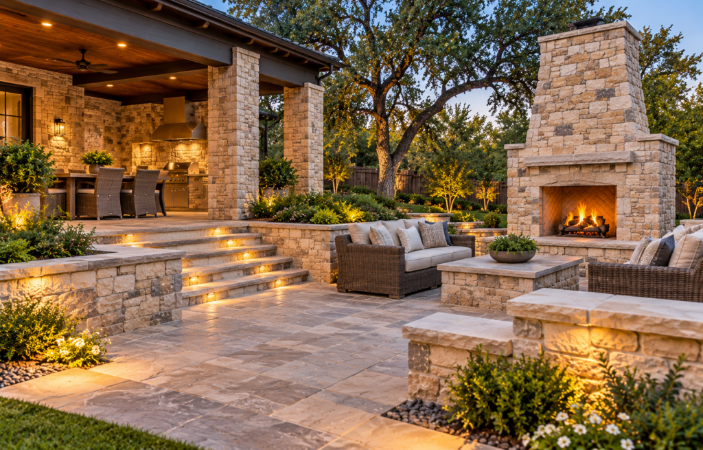 Luxury Stone Patio with Outdoor Fireplace